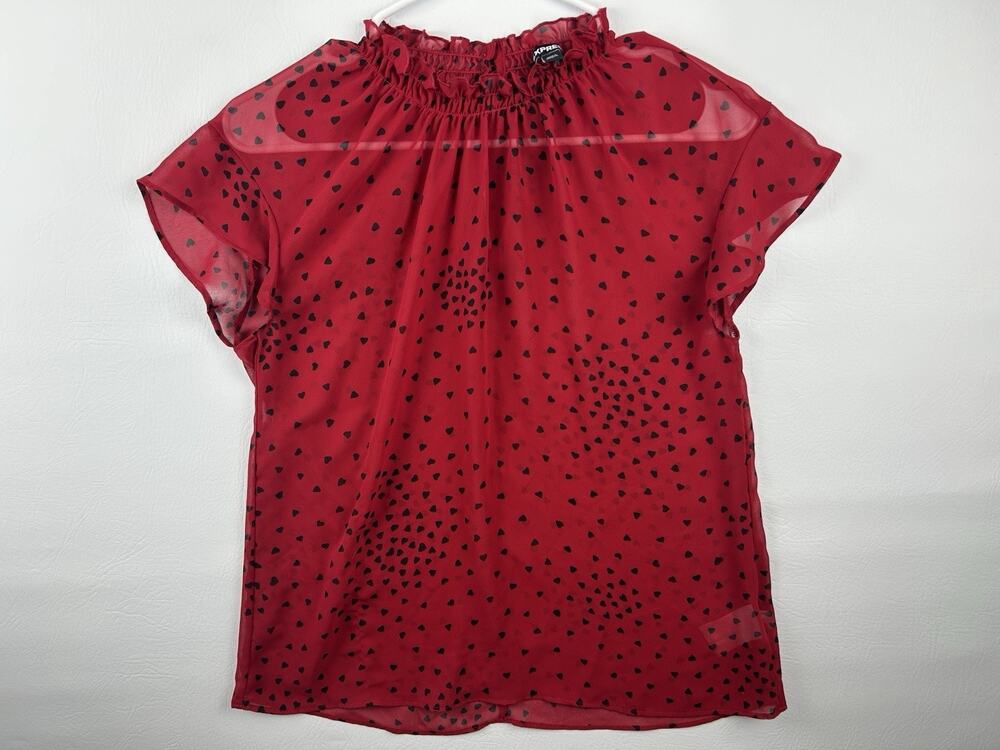 Express Women’s Small Red Heart Print Sheer Ruffle Neck Blouse Short Sleeve Top